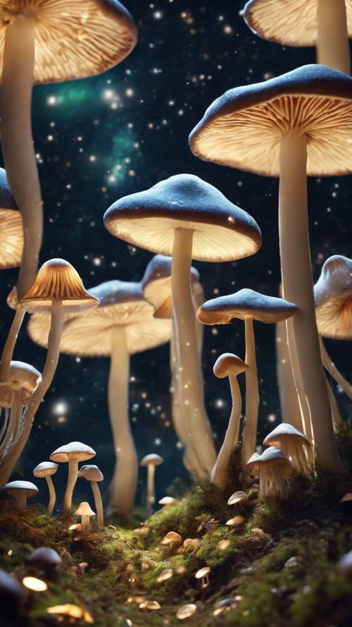 A forest of mushrooms that glow vividly under a starry night dream.