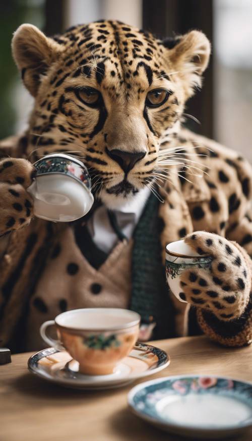 Un leopardo de muy buen gusto vestido con un suéter de rombos, bebiendo elegantemente té de porcelana fina.