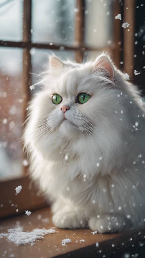 A fluffy white Persian cat intently watching a snowfall through a window, her green eyes sparkling with curiosity