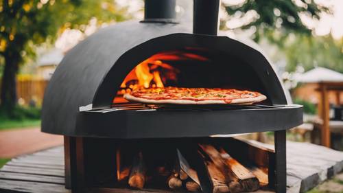 Bir banliyö evinin arka bahçesinde geleneksel odun ateşinde pişirilen pizza fırını.