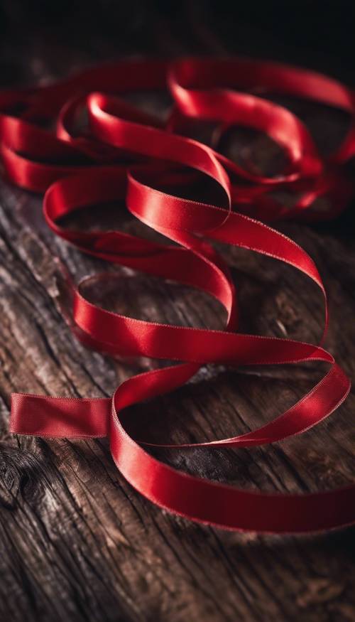 Tampilan close up pita Natal merah mengkilap melingkar di permukaan kayu gelap.