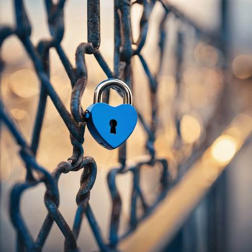 A blue heart-shaped padlock attached to a love-lock bridge. Tapeta [542531cfb6e74738976e]