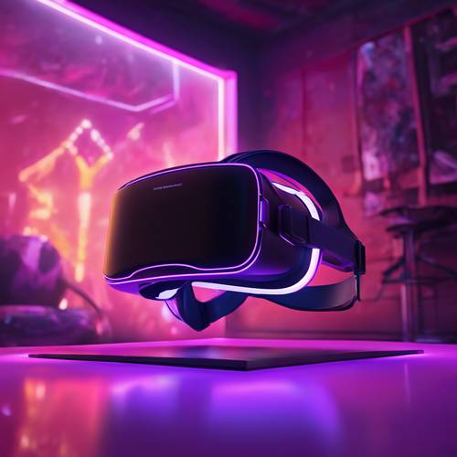 Un visore VR illuminato da luci viola al neon, appoggiato su un futuristico tavolo di vetro in una sala giochi all&#39;avanguardia.
