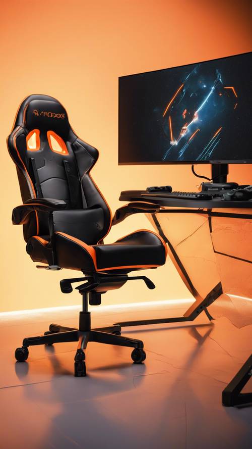 一把带有亮橙色装饰的黑色游戏椅，放置在发光的橙色显示器前。