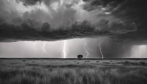 Capturing the majesty of a thunderstorm over a desolate prairie in black and white.