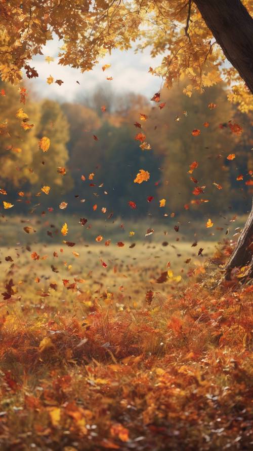 秋の空の下に広がる大きな牧草地、周囲の木から落ちるカラフルな葉っぱ