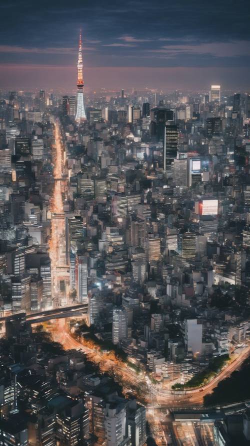 황혼녘에 반짝이는 고층 빌딩으로 가득한 도쿄의 분주한 스카이라인.