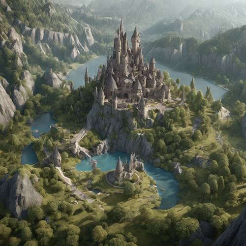 A 3D map of a fantasy realm with mountains, forests, castles, and mythical creatures Тапет [f43de7364d5b42c38380]