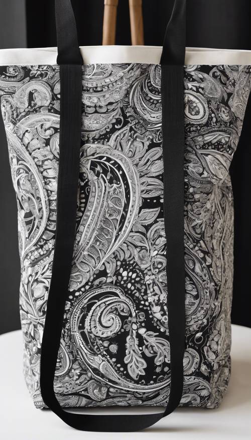 Un&#39;elegante borsa tote realizzata con un moderno motivo Paisley in bianco e nero.