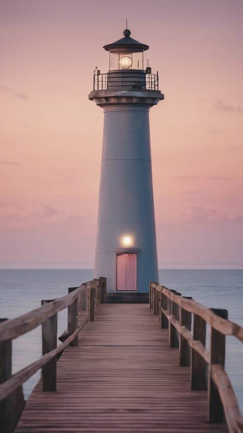 Um cenário tranquilo de um farol pastel com vista para um mar calmo durante o crepúsculo.