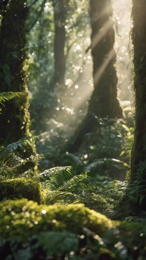 A hidden clearing in the rainforest, bathed in dapples of soft sunlight.