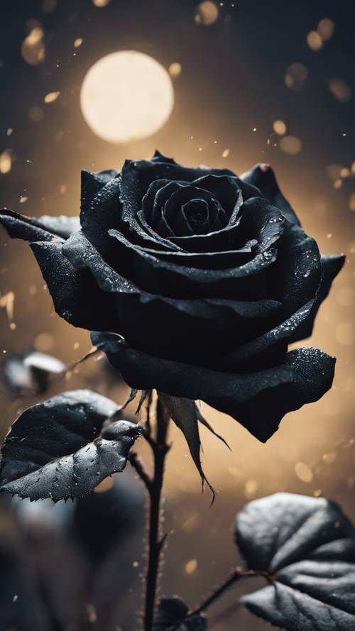 Un primo piano di una rosa primaverile nera con petali intricati che brillano al chiaro di luna.
