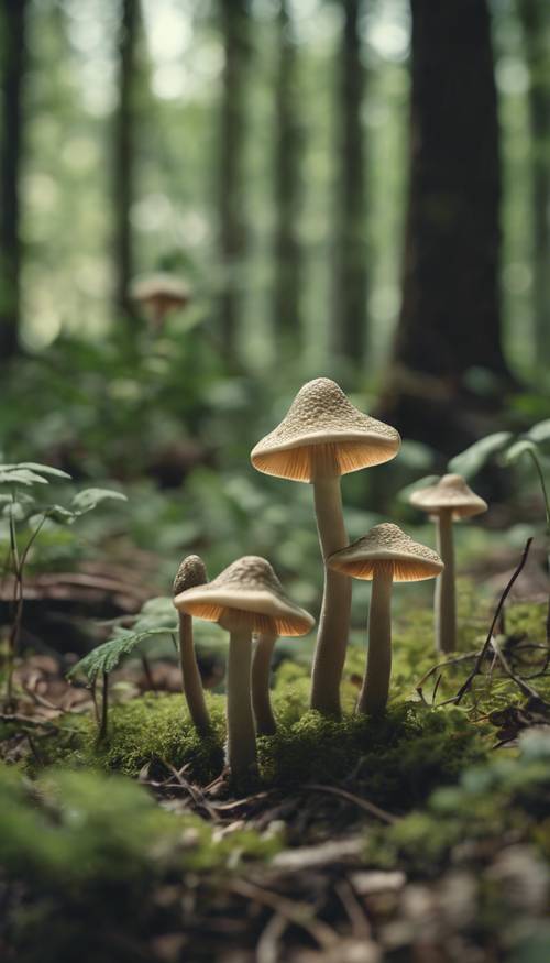 Eine Gruppe bezaubernder, salbeigrüner Pilze, die auf einer schattigen Waldlichtung wachsen