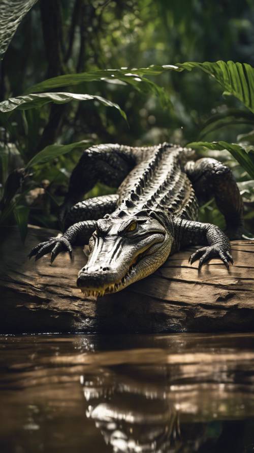 Um crocodilo se aquecendo em um tronco, perfeitamente camuflado entre a folhagem.