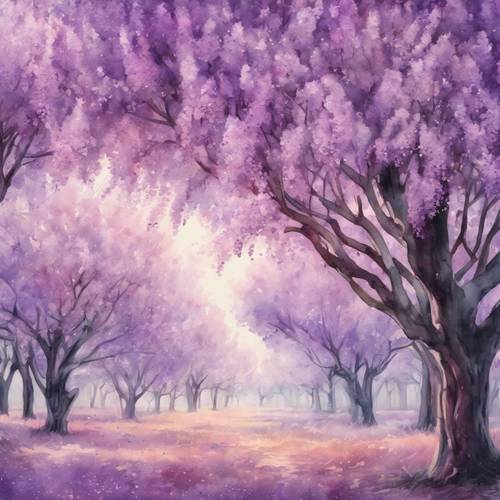 A watercolor scene of a lilac tree grove with the aroma floating in the air