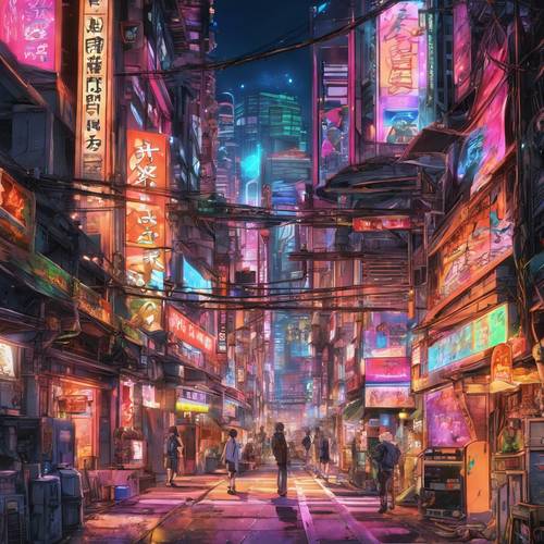 불과 네온 불빛으로 빛나는 미래 애니메이션 대도시의 한 장면.