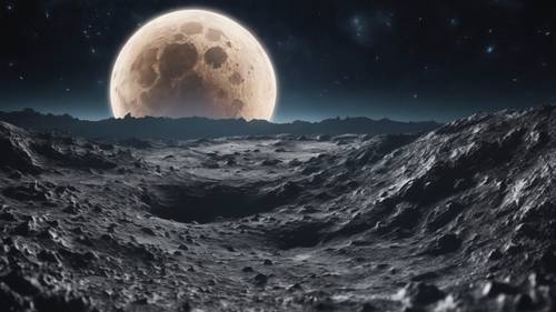 Una vista surreale della superficie lunare con la Terra che sorge e i crateri sulla superficie lunare che creano la forma di una citazione di un anime.