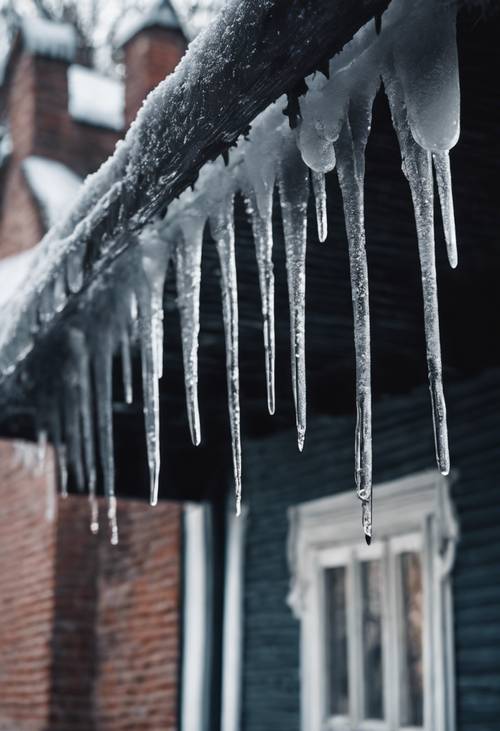 Icicles of black ice hanging from the eaves of an old haunted house. Tapeta [8138466da18449e981f7]
