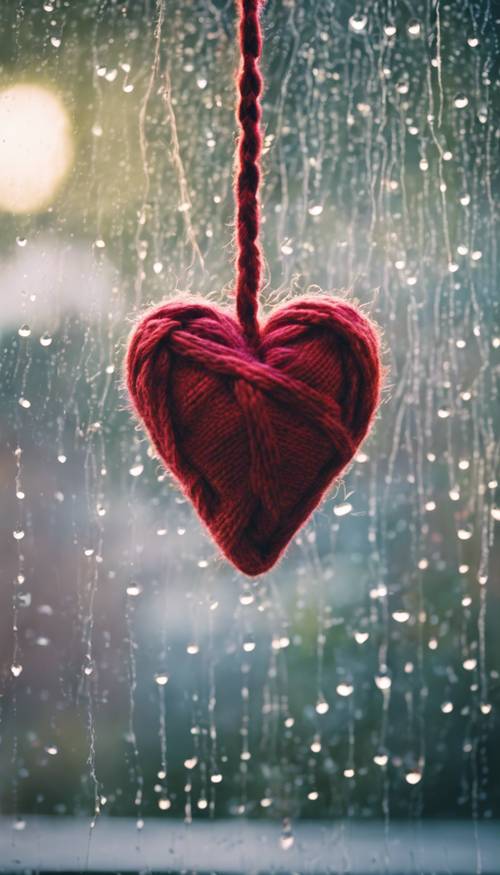 A small heart knitted with vibrant boho colour yarns resting against a window with rain falling in the background. Tapet [102583604f52453995ca]