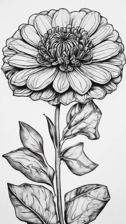 黑色百日菊的詳細線條紋身設計，喚起力量和耐力。