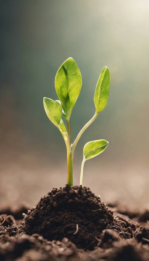 Uma interpretação minimalista do renascimento da primavera, simbolizada por uma única muda brotando do solo rico.