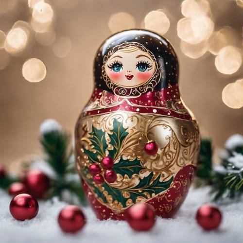 An intricate hand-painted Russian doll decorated with holly berries and gold foil accents. Tapeta [00c55a11b6c74e2b857a]