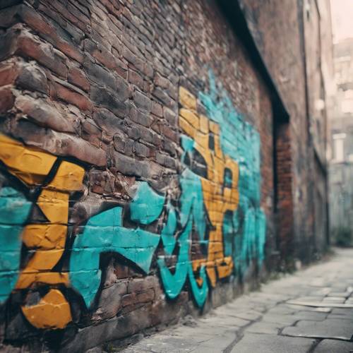 Blaugrünes Street-Art-Graffiti auf einer alten Ziegelmauer in einer städtischen Gasse