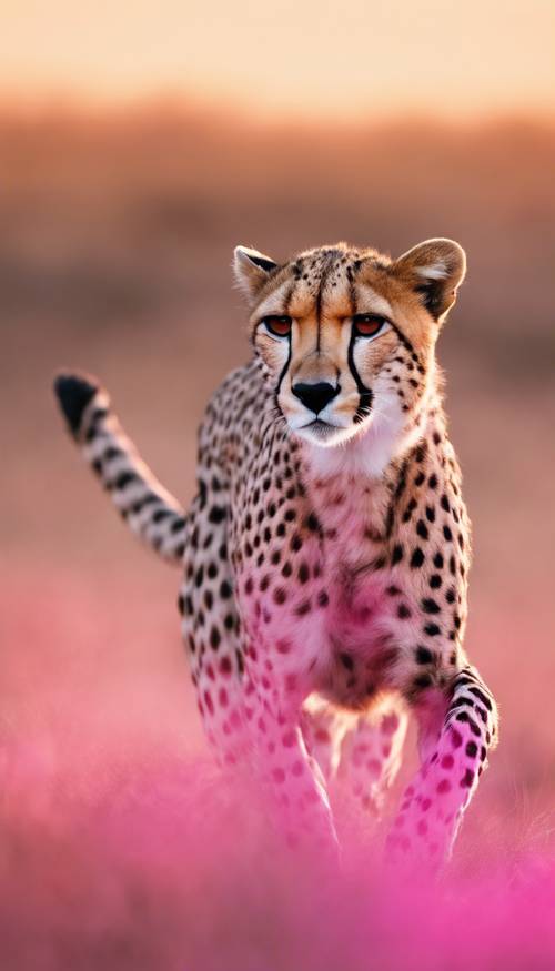 Una vista espectacular de un guepardo de color rosa intenso, veteado de manchas negras, corriendo a altas velocidades en la sabana africana al amanecer.