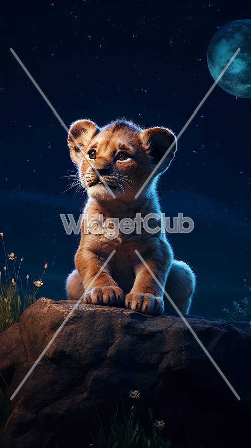 Noche estrellada con un lindo cachorro de león