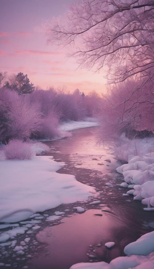 A tranquil winter dusk overlooking a frozen river with soft purple and pink hues in the sky. Wallpaper [7e9f43a7a56c4ef3bebe]