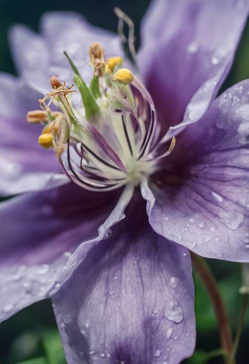 Lukisan bunga columbine ungu lembut dari dekat dan detail dengan gambaran jelas struktur bagian dalamnya yang rumit.