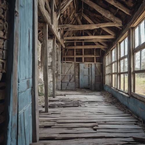 一座废弃的谷仓，其木板已褪为白垩蓝色。