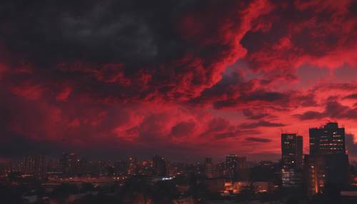 Uma cena noturna sinistra mostrando um céu vermelho carmesim repleto de nuvens cirros escuras e esfumaçadas.