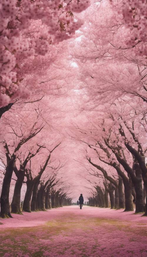 Панорамный вид на цветущие вишневые деревья, создающие захватывающий розовый пейзаж.