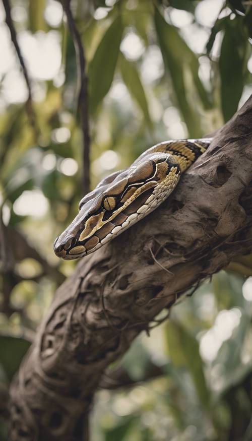 Uma píton reticulada ameaçada de extinção dormindo nos galhos de um manguezal.