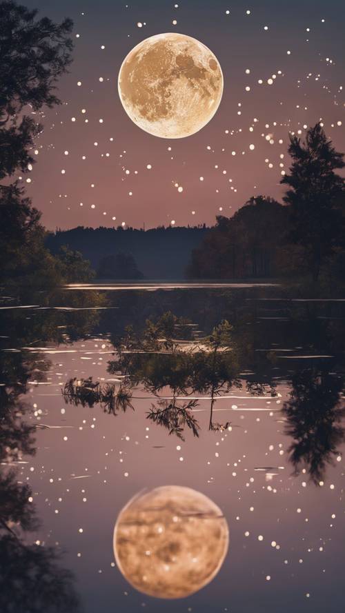 Eine sternenklare Nacht über einem ruhigen See mit der Spiegelung des aufgehenden Mondes und der untergehenden Sonne.