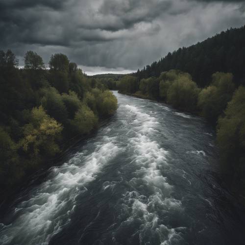 A fast-moving river under a dark, gray stormy sky.