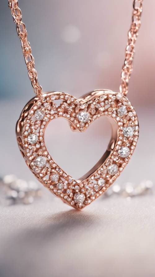 抛光玫瑰金打造的心形吊坠，镶有小颗钻石。