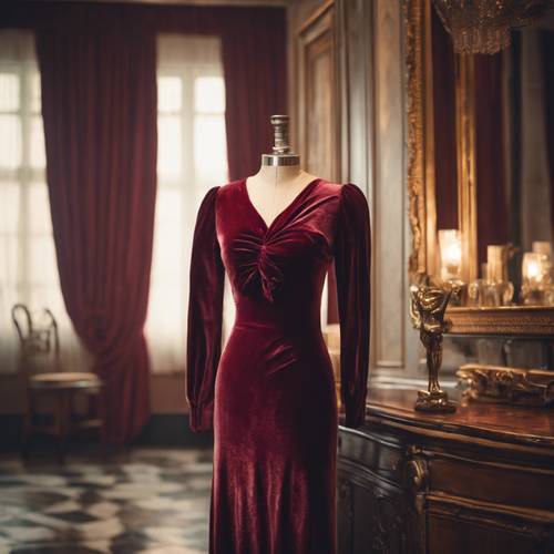 Vintage bir mankenin üzerinde şarap rengi kadife elbise.