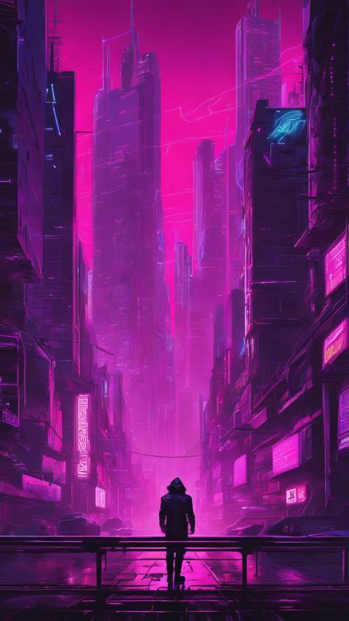 Uma paisagem urbana compacta e noir banhada em roxos e rosas profundos, refletindo uma estética cyberpunk.