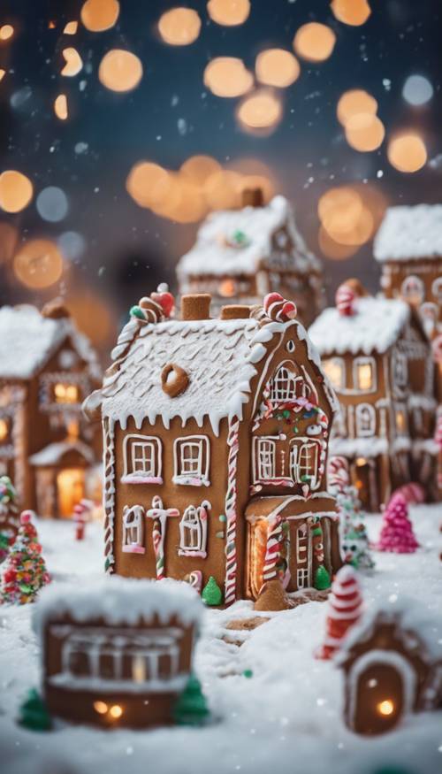 A snowy city where the buildings are bright gingerbread houses adorned with candy decorations. Tapet [41031668ecec4683bfce]