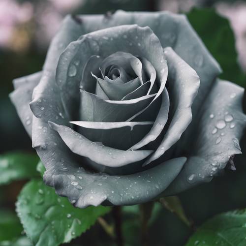 Idealnie uformowana szara róża, niedoskonałość piękna, położona wśród żywych zielonych liści.