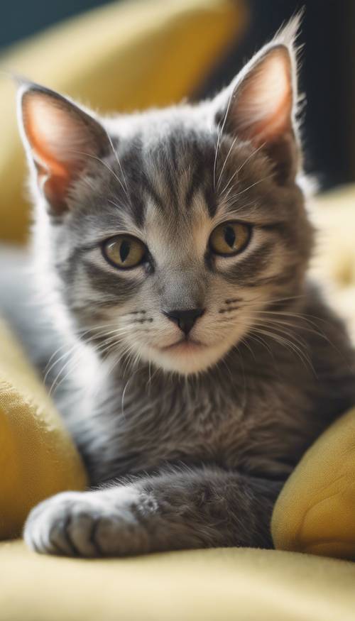 A playful kitten of a grayish shade sleeping soundly on a soft yellow cushion.