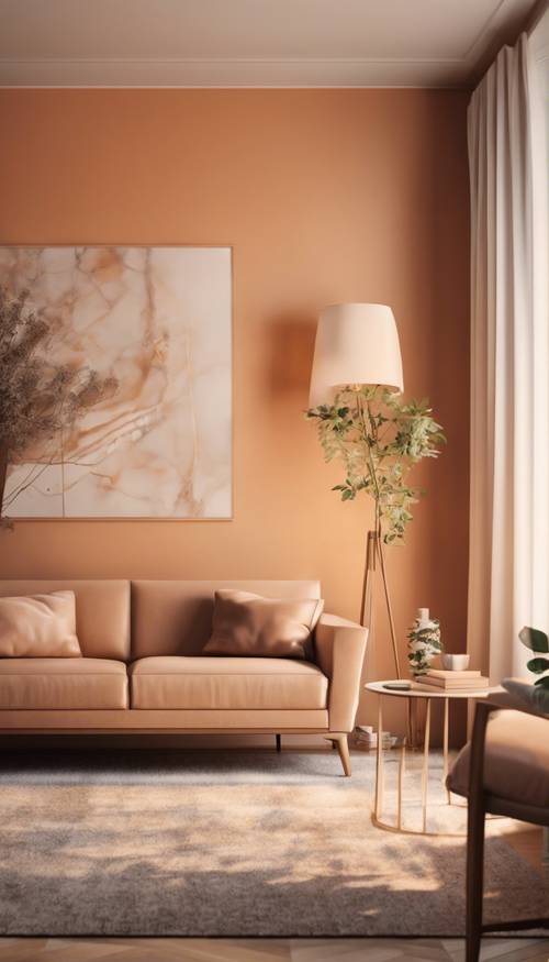 Ruang tamu modern dengan dinding oranye terang bermandikan cahaya malam yang lembut