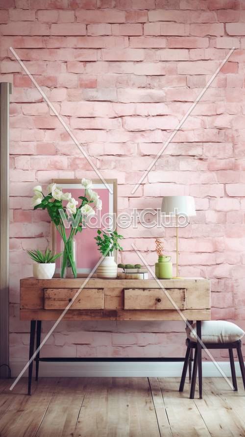 ピンクのレンガの壁はお部屋を素敵に飾る♪