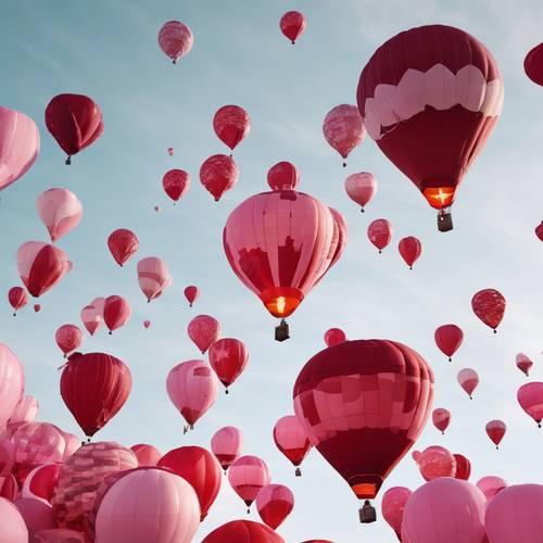 A hot air balloon festival with numerous red and pink balloons floating in the clear sky.