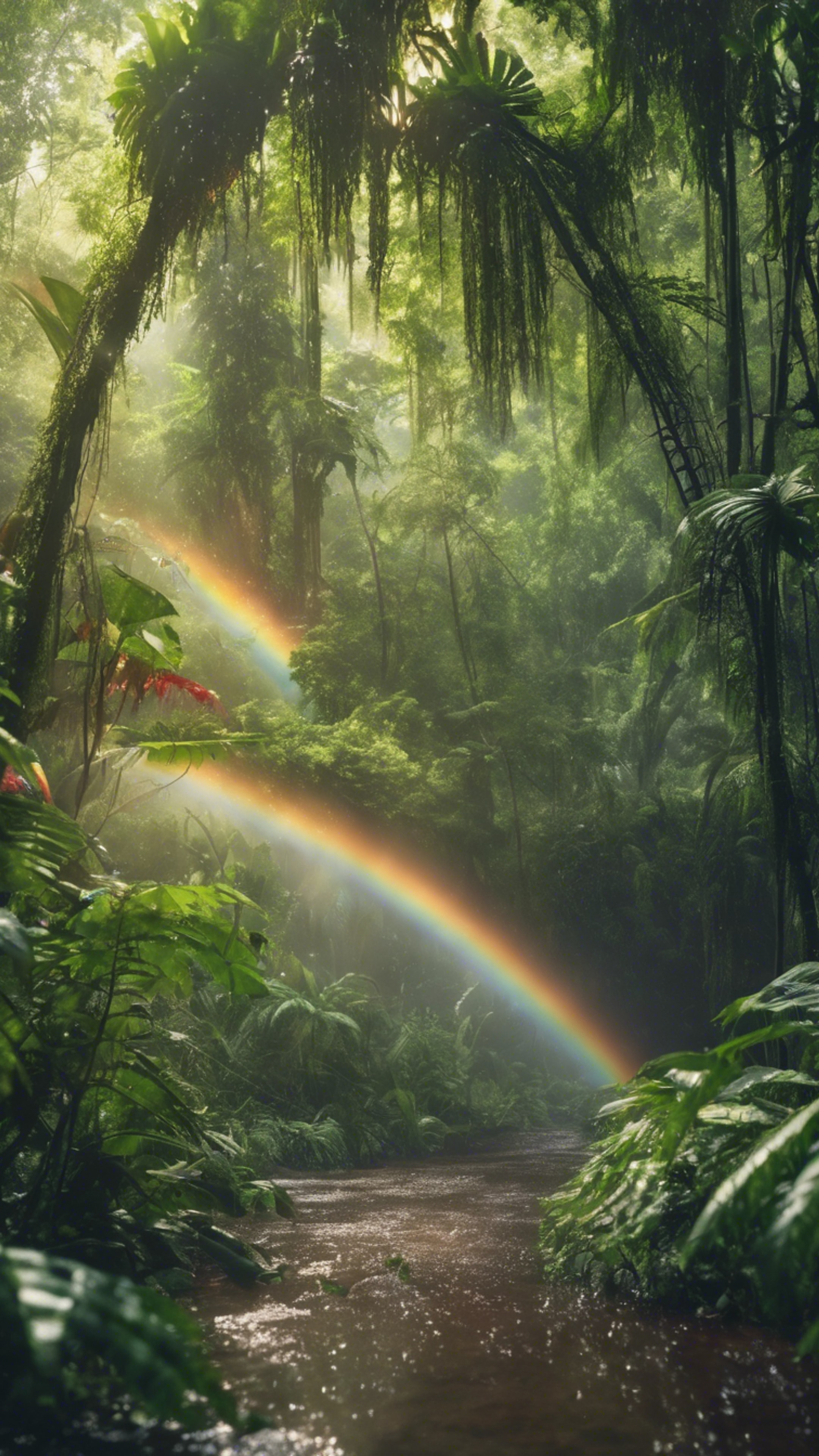 A lush, green rainforest glistening under a rainbow after a summer shower. ورق الجدران[0e0a5e65f97649b38163]