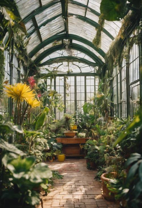 Un invernadero de ladrillo amarillo de estilo victoriano, lleno de plantas tropicales verdes y pájaros de colores brillantes.