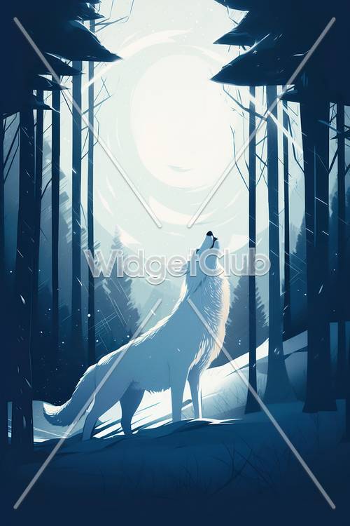 Bosque místico iluminado por la luna y lobo aullador