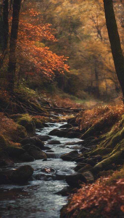 A serene babbling brook cutting through vibrant, autumnal woods at dusk.